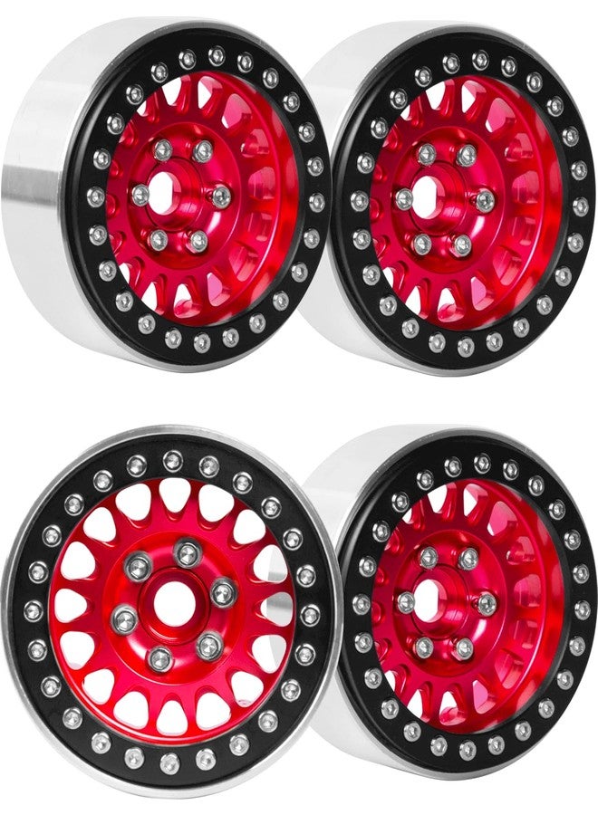 طقم عجلات RCHuiWow Beadlock مقاس 1.9 بوصة لسيارات التحكم عن بعد SCX10 وSCX10 II وSCX10 III وTRX-4 وD90 بمقياس 1/10، مصنوع من سبائك الألومنيوم شديدة التحمل، 4 قطع، لون أحمر - Image 1